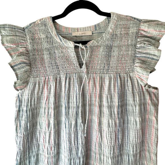 LOFT PLAID SMOCKED RUFFLE TIE NECK TOP | SIZE: LARGE - Picture 3 of 9
